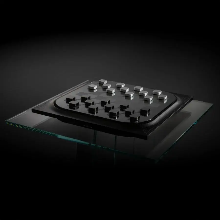 Distinguished Impatia Mossa chess/checkers table crafted with wood, leather, glass, and metals in a sleek black glossy finish