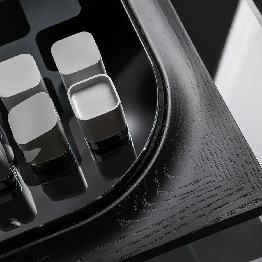 Superior Impatia Mossa chess/checkers table crafted with wood, leather, glass, and metals in a dark black satin finish