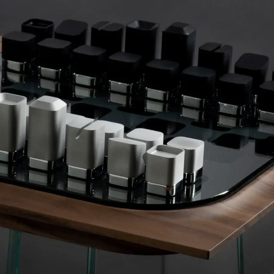 Distinguished Impatia Mossa chess/checkers table with wood, glass, and metals in a dark brown satin finish