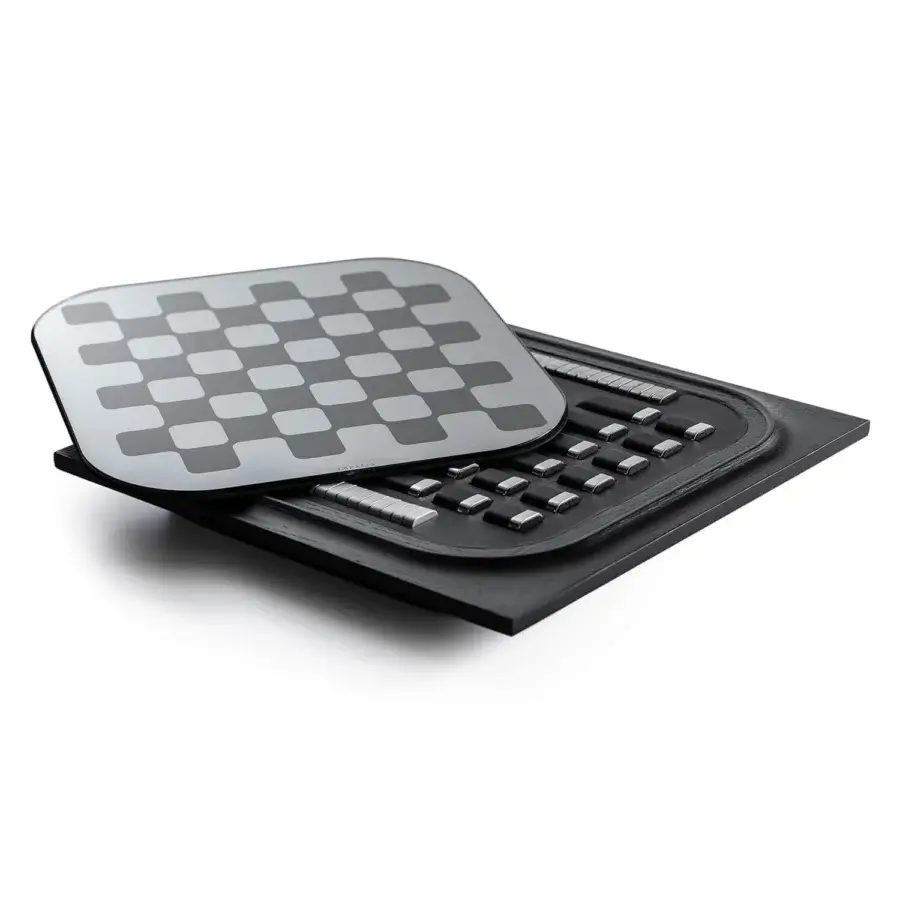 Superior Impatia Mossa chess/checkers table crafted with wood, fine leather, and glass in a matte finish