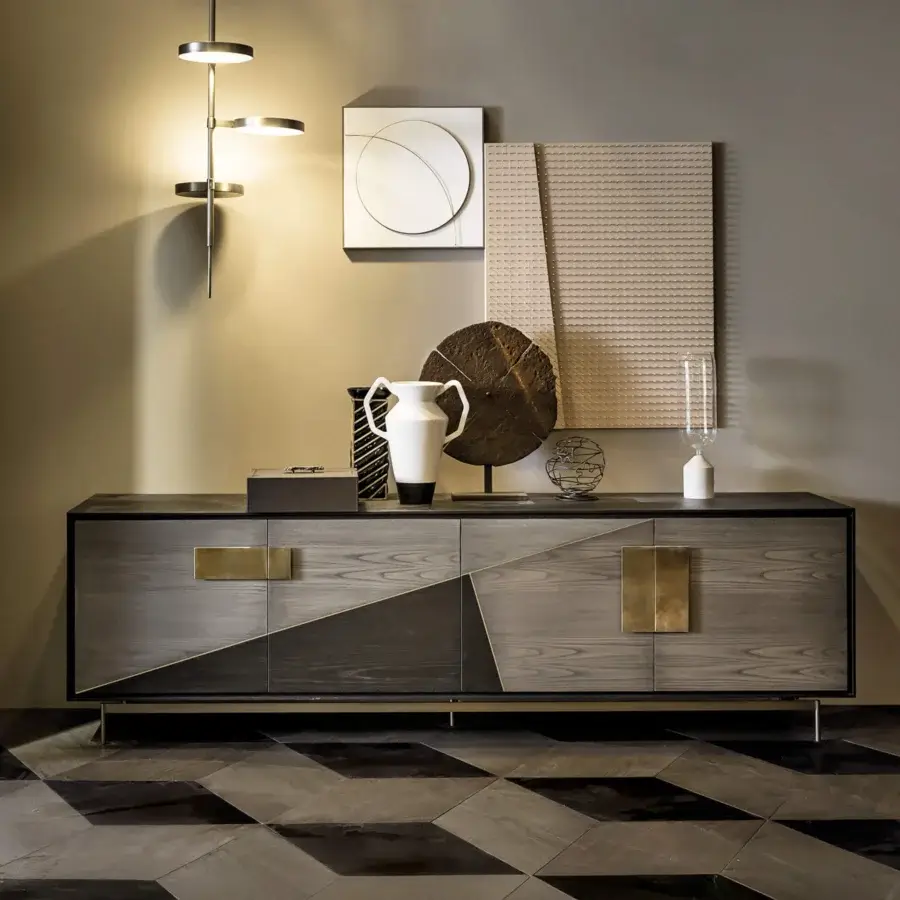 Distinguished Shake Ego sideboard crafted with dark gray-brown blockboard ash wood and burnished brass inserts, varnished metal legs