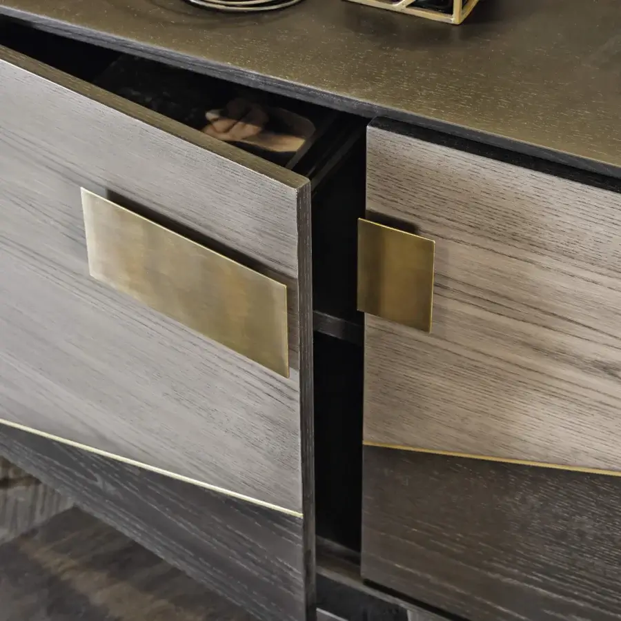 Elegant Shake Ego sideboard built with satin blockboard ash wood, burnished brass handles and soft-closing drawers in a gray-brown tone