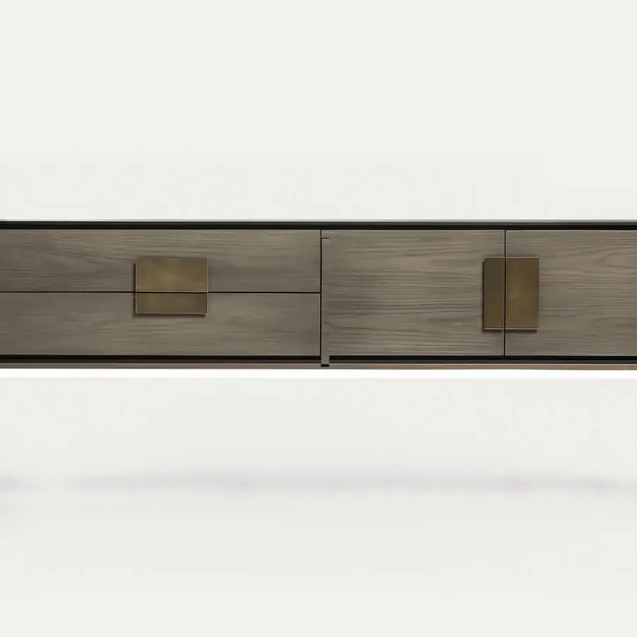 Distinguished Shake Ego sideboard crafted with muted grey-brown ash wood and brass-like metal hardware, finished matte
