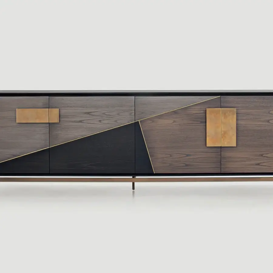 Exceptional Shake Ego sideboard crafted with blockboard ash wood and multicolored hinged doors with brass accents