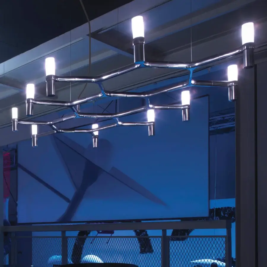 Distinguished Nemo Crown Plana suspension lamp crafted in polished metal with interconnected linear elements and silver-toned finish