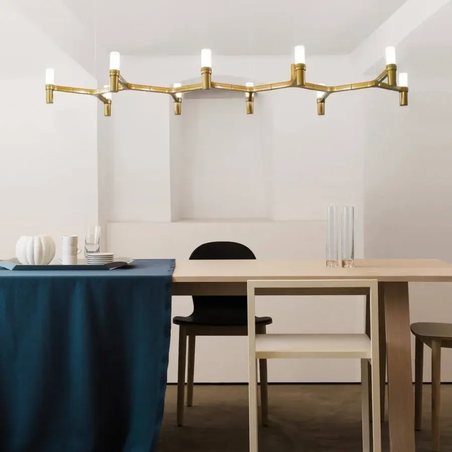 Exceptional Nemo Crown Plana suspension lamp crafted in Italy with warm gold brass-toned finish and geometric form