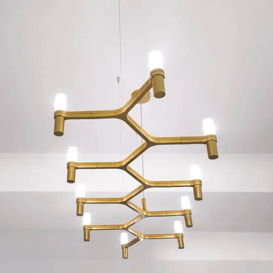 Distinguished Nemo Crown Plana suspension lamp crafted in Italy with a warm golden-yellow hue and satin metal finish