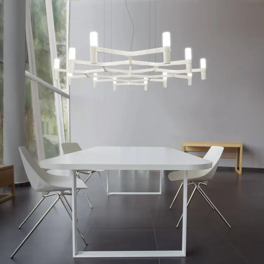 Exceptional Nemo Crown Plana suspension lamp crafted in Italy with balanced asymmetry and matte synthetic material