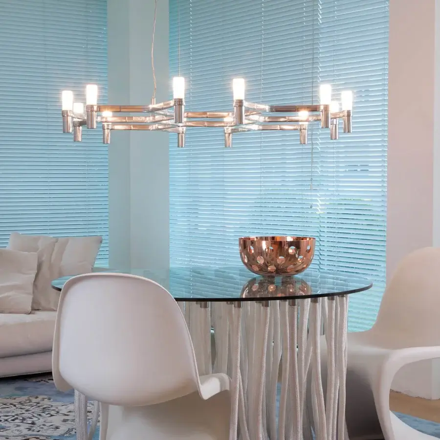 Superior Nemo Crown Plana suspension lamp crafted in Italy with polished metal and linear geometric detailing