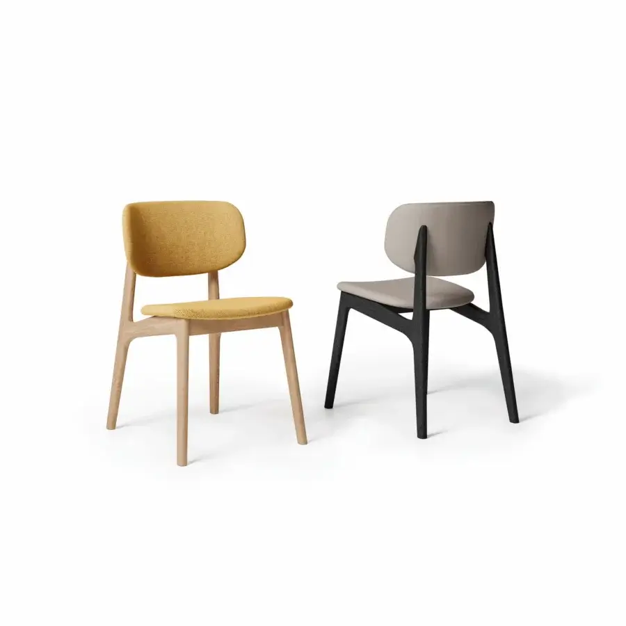 Superior Dallagnese Float chair with solid ash wood frame and textured mustard yellow upholstery in satin finish