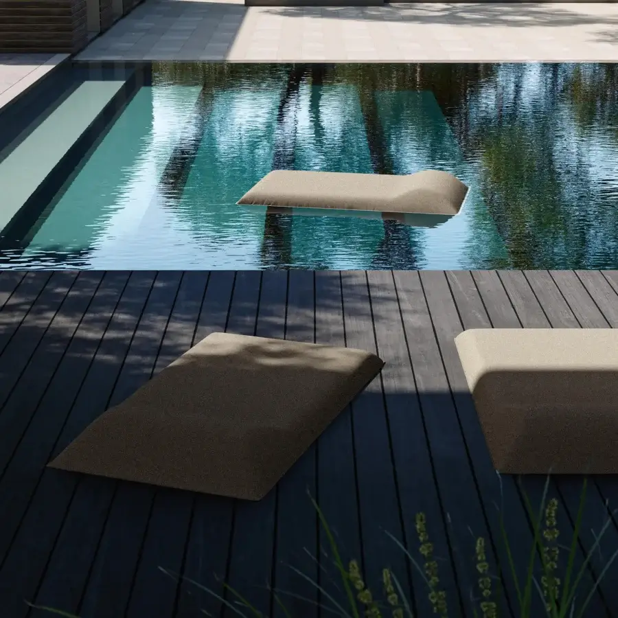 Distinguished MY YOUR Louis floating lounger with textured woven synthetic textile in a dark muted brown tone and matte finish