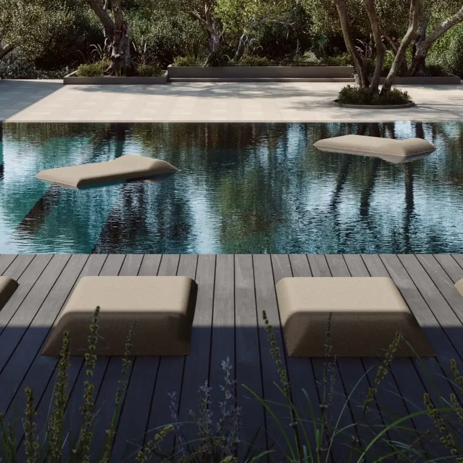 Superior MY YOUR Louis floating lounger crafted in Italy with neutral beige matte textile covering a shaped form