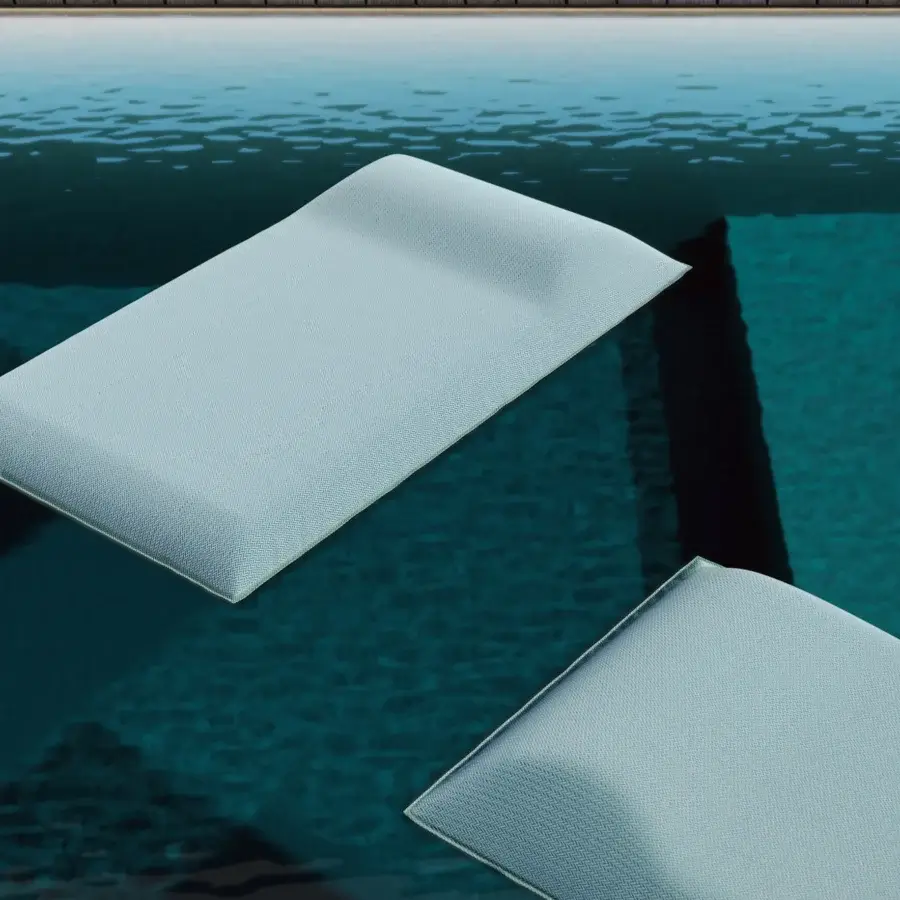 Innovative MY YOUR Louis floating lounger crafted in textured synthetic outdoor fabric with a pale blue-green hue