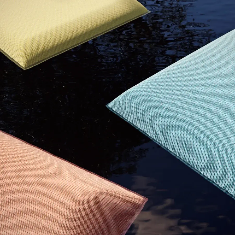 Innovative MY YOUR Louis floating lounger crafted in Italy with textured yellow textile presenting a harmonious cushioned structure