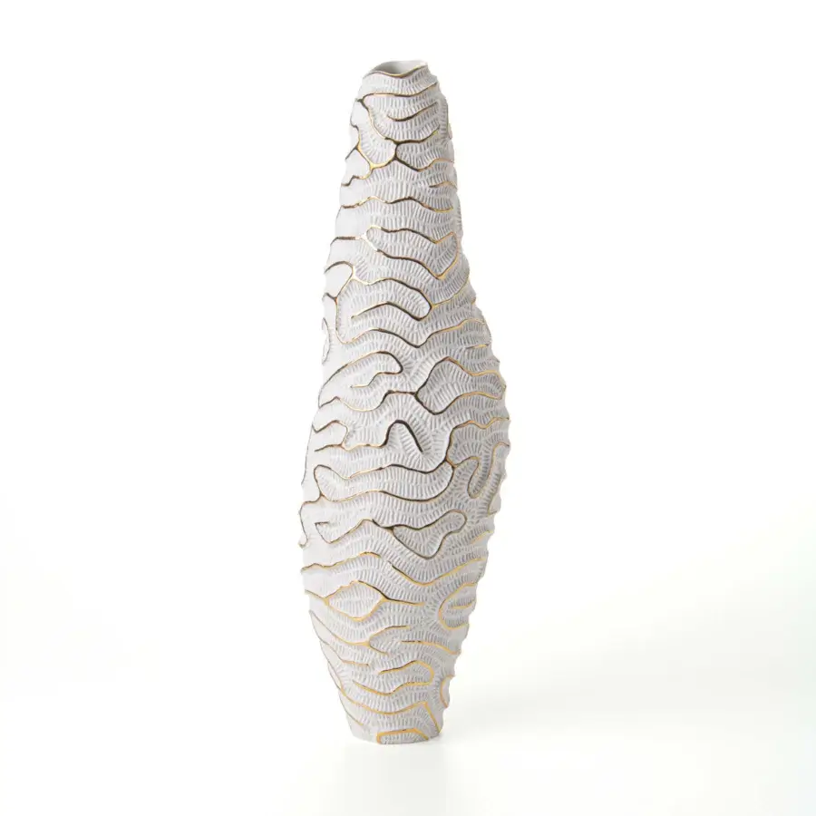 Lavish FOS Ceramiche Menhir vase crafted from biscuit porcelain with delicate 23K gold lines and a textured surface
