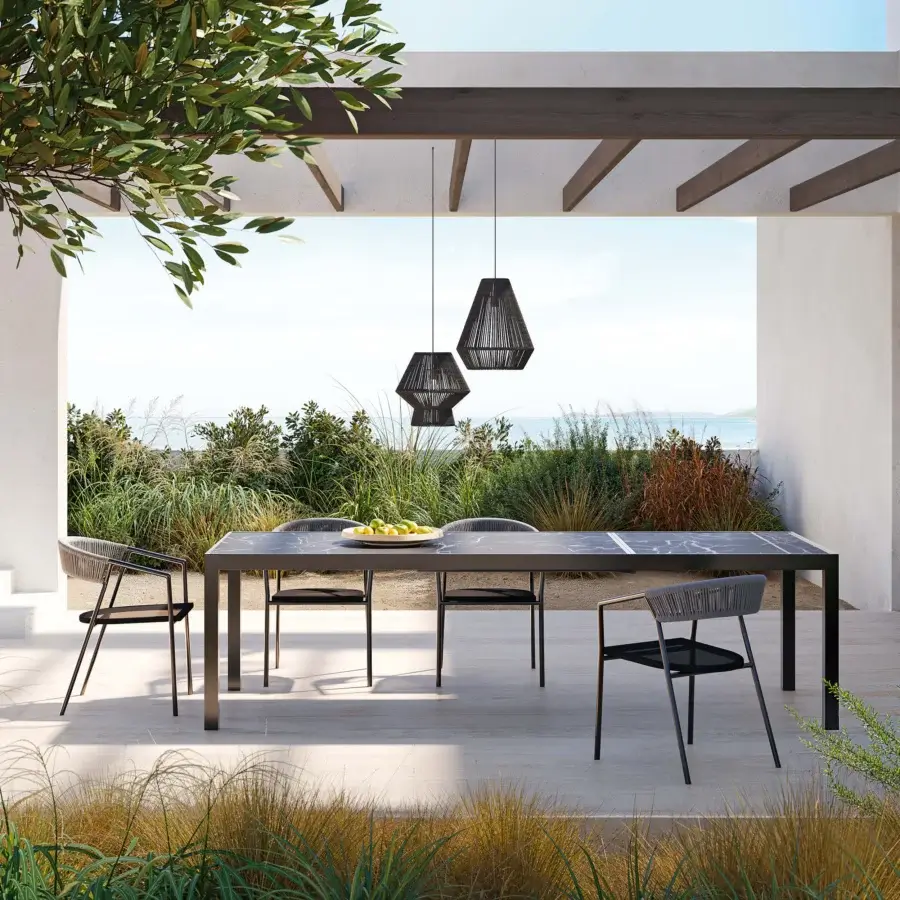 Exceptional MY YOUR Maja armchair crafted with dark gray textured synthetic rope and a powder-coated aluminum frame for outdoor use