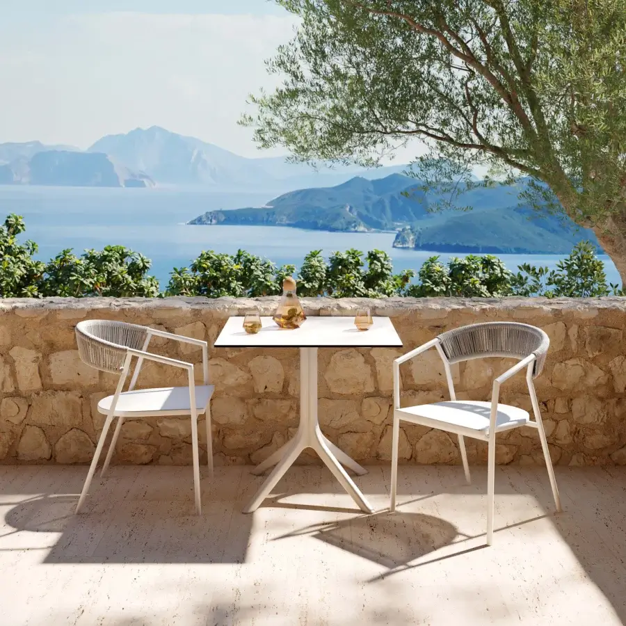 Distinguished MY YOUR Maja armchair with a powder-coated aluminum frame and woven synthetic fabric rope in a calming white tone
