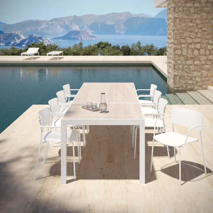 Superior MY YOUR Maja table with white tabletop exhibiting wood grain and sleek matte metal frame