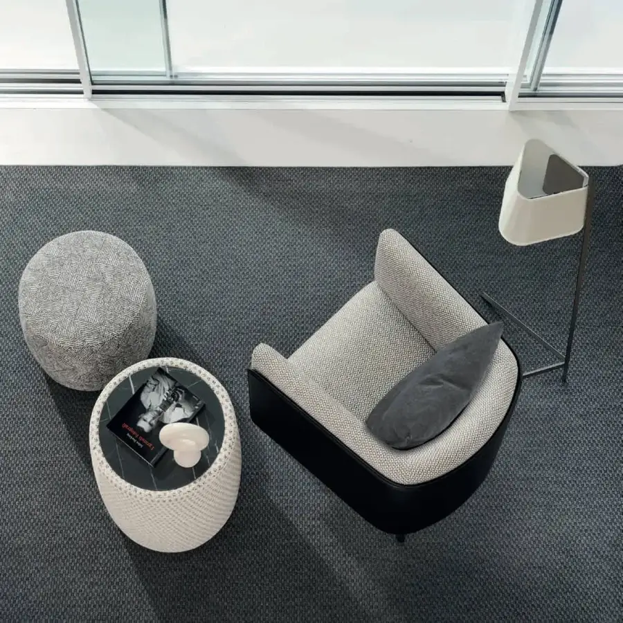Superior CTS Salotti Domino ottoman & side table upholstered in light gray textured fabric with matte white porcelain stoneware top