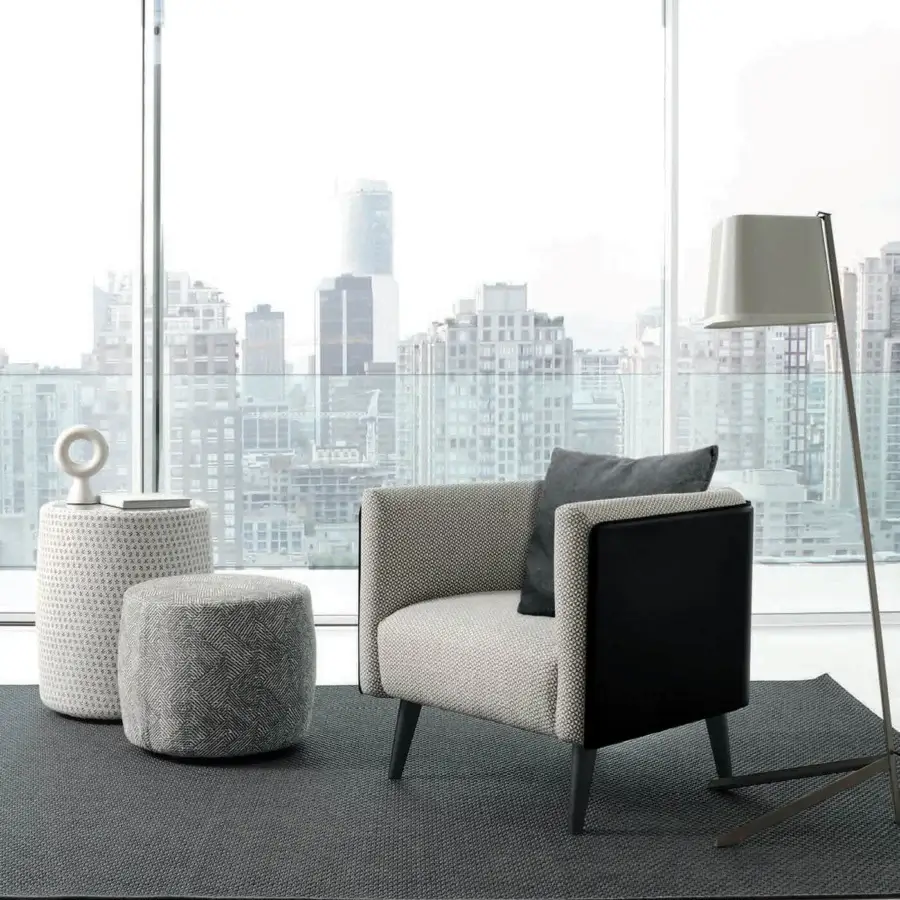 Elegant CTS Salotti Domino ottoman & side table upholstered in light gray textured fabric with lacquered beech wood base and porcelain stoneware top