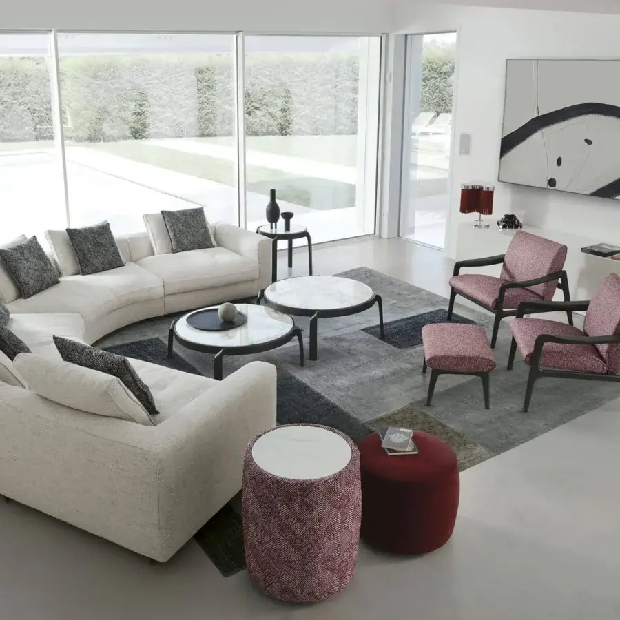 Distinguished CTS Salotti Domino ottoman & side table with polished white marble and red-white geometric fabric upholstery crafted around beech wood