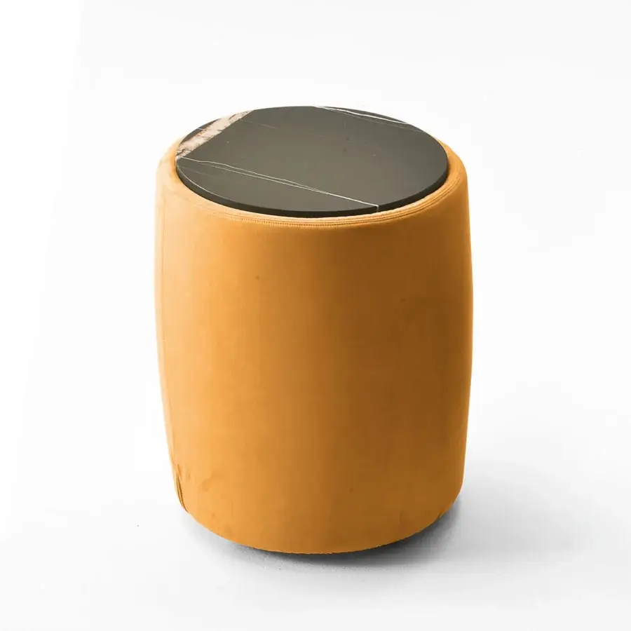 Lavish CTS Salotti Domino ottoman & side table crafted in golden-yellow velvet with a polished marble tabletop and dark metal frame