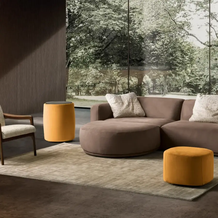 Superior CTS Salotti Domino ottoman & side table in warm mustard yellow textile with dark marble or porcelain stoneware tabletop