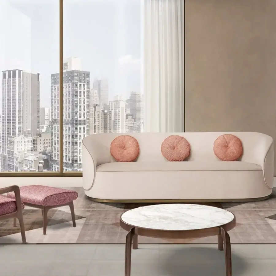 Elegant CTS Salotti Domino ottoman & side table with white marble tabletop and curved stained beech wood legs