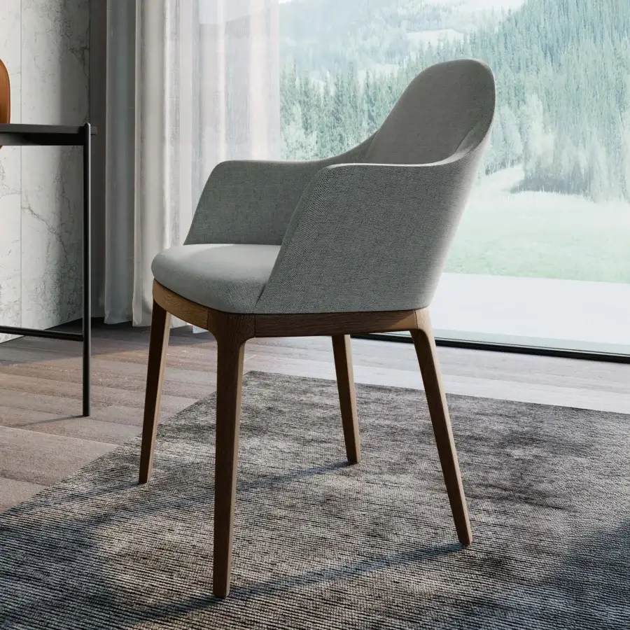 Superior Dallagnese Gulp chair with enveloping armrests, light gray textured textile upholstery and satin-finish wooden base