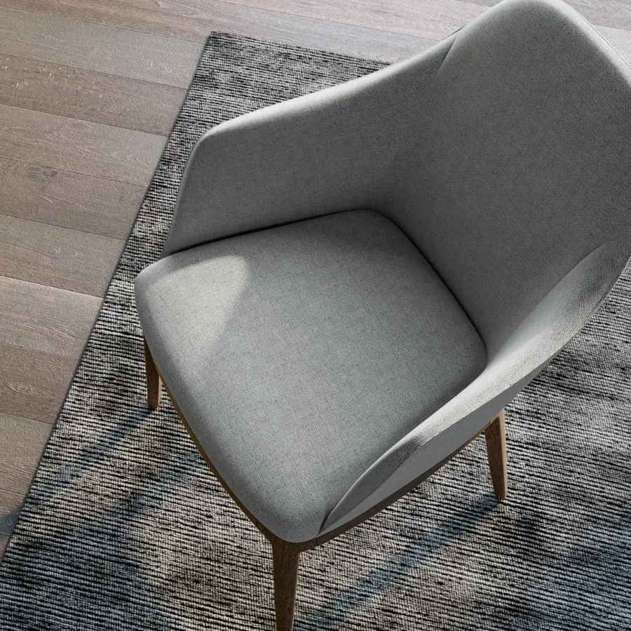 Elegant Dallagnese Gulp chair with enveloping backrest, muted gray textile upholstery and a satin finished wooden base