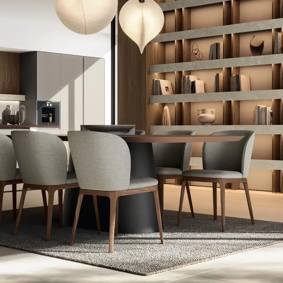 Distinguished Dallagnese Gulp chair with enveloping armrests, neutral gray textured textile upholstery and satin finish wooden base