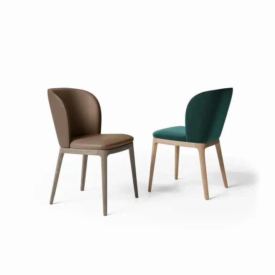 Exceptional Dallagnese Gulp chair with smoothly contoured backrest in brownish-tan matte textile and a satin light wood base