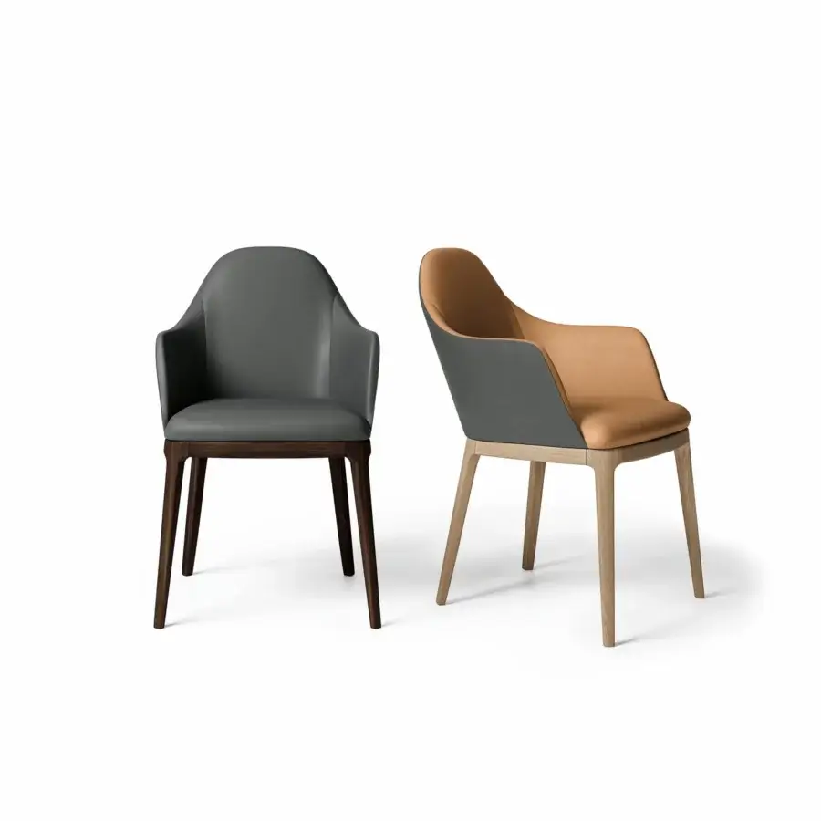 Sophisticated Dallagnese Gulp chair with gently sloped seat and enveloping backrest in gray upholstery with satin-finish light natural wood base