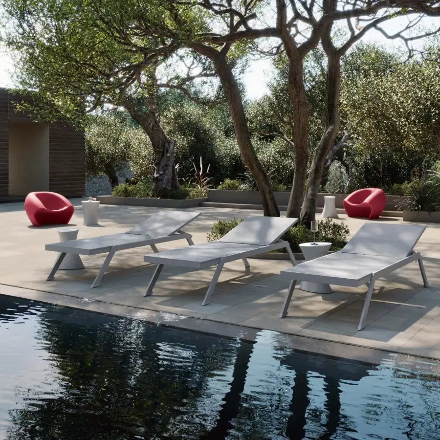 Distinguished MY YOUR Maja lounger crafted with lightweight aluminum and a smooth matte neutral gray finish