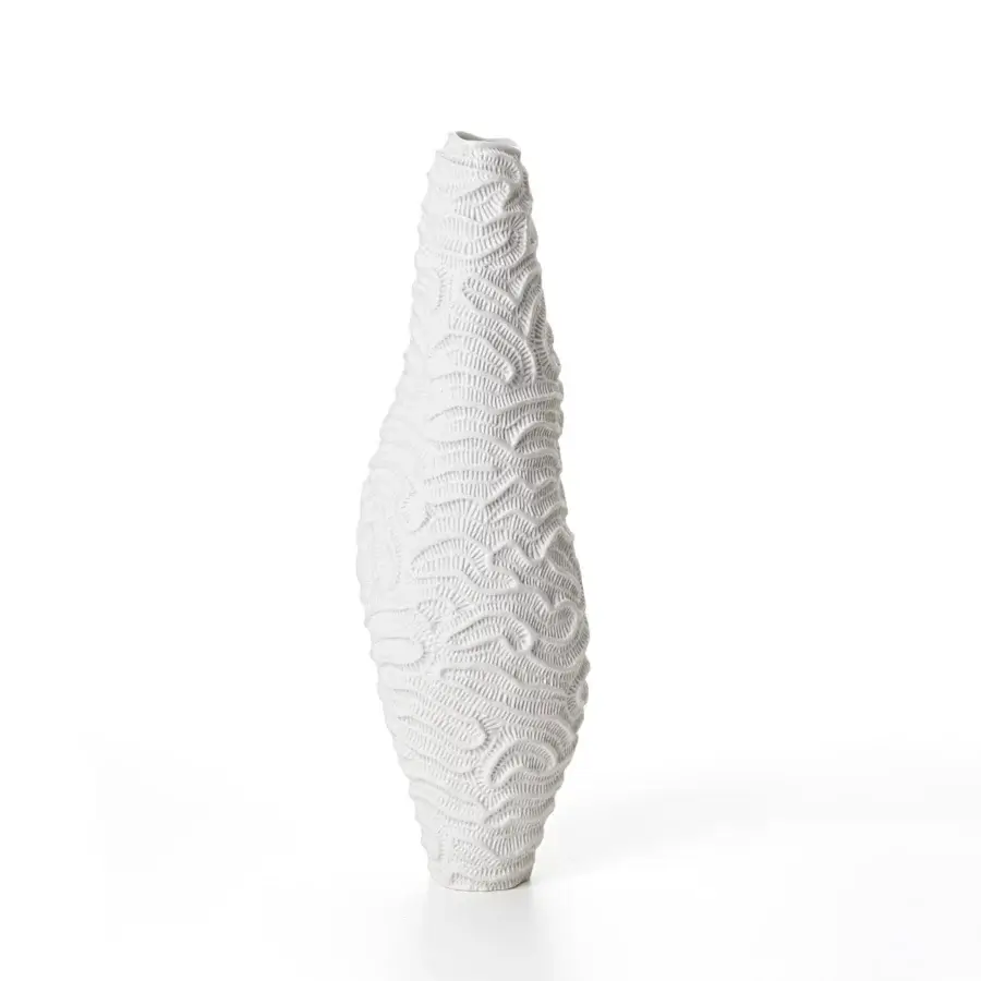 Superior FOS Ceramiche Menhir vase crafted in white biscuit porcelain with an intricately textured, curvilinear surface