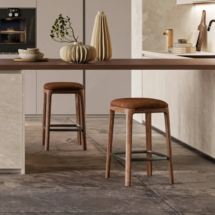 Elegant Dallagnese Gulp stool crafted in wood with a satin finish and warmly-toned brownish fabric upholstered seat