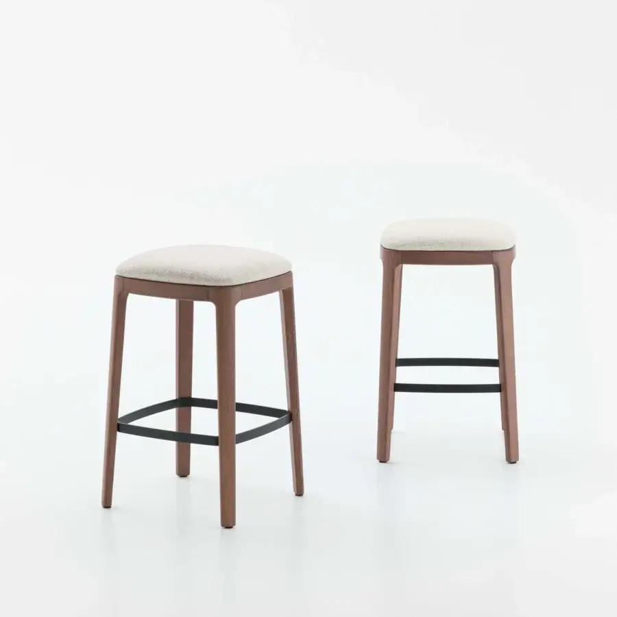 Superior Dallagnese Gulp stool built in wood with a satin finish and comfortable light beige textile upholstery
