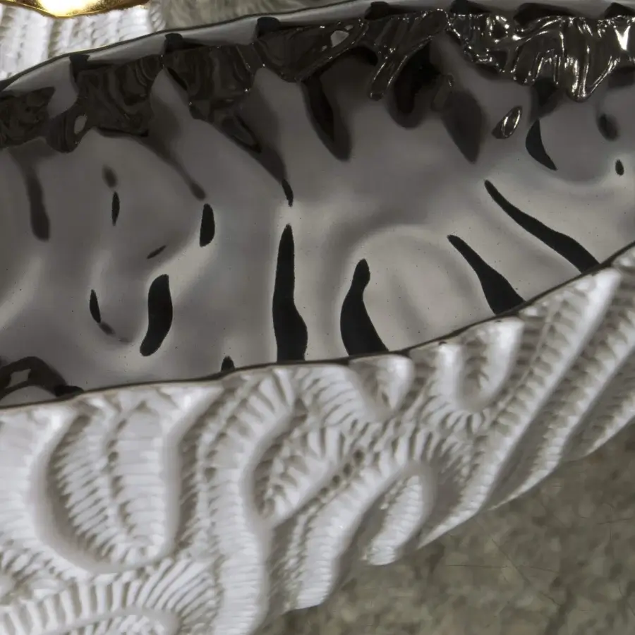 Distinguished FOS Ceramiche Coralreef centerpiece crafted from biscuit porcelain with a refined platinum interior and glossy black glaze