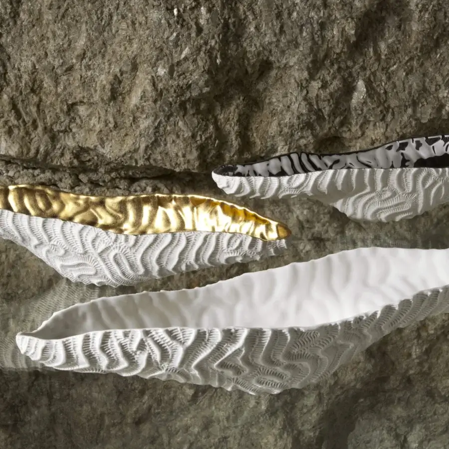 Exquisite FOS Ceramiche Coralreef centerpiece sculpted from white biscuit porcelain with luminous 23K gold interior finish