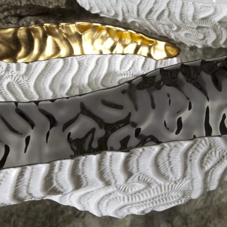 Lavish FOS Ceramiche Coralreef centerpiece sculpted from white biscuit porcelain with a 23K gold interior finish
