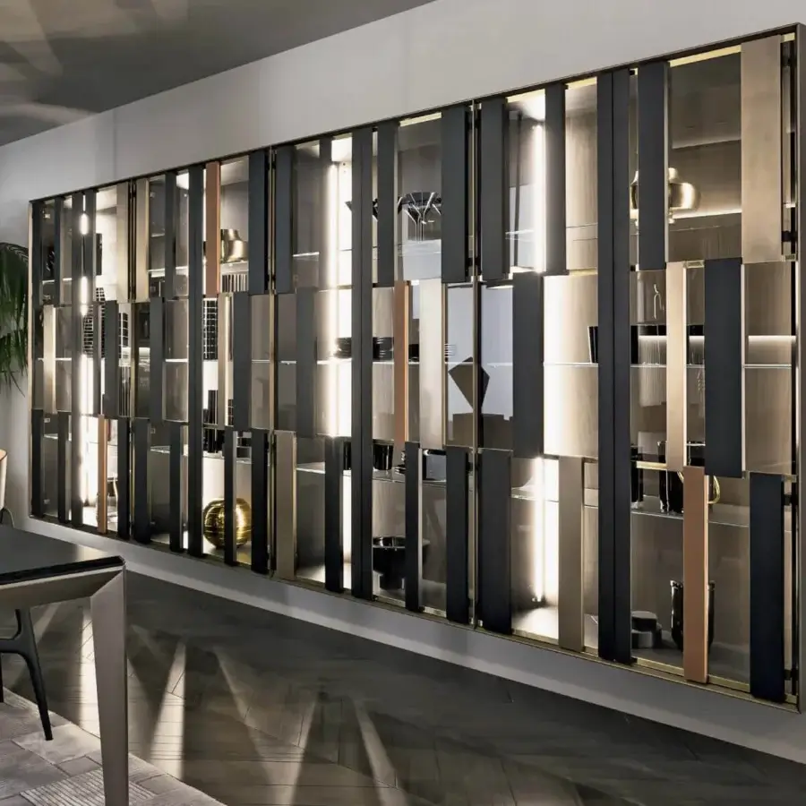 Architectural Shake Hide bookcase with ash wood, MDF, tempered glass, brass profiles and warm white LED lighting in dark gray