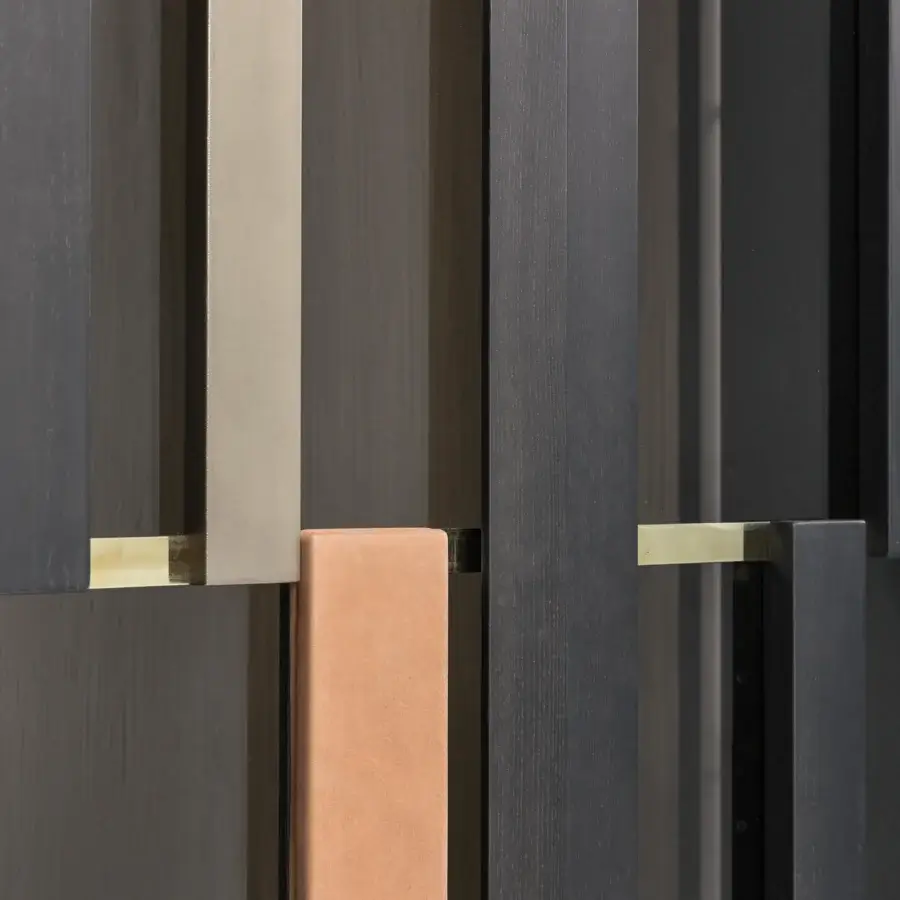 Exceptional Shake Hide bookcase with ash wood, MDF, salmon panel, brass profiles and matte varnish finish