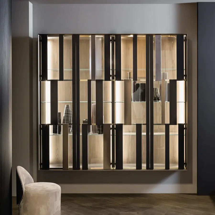 Distinguished Hide bookcase with solid ash wood, tempered glass doors, and satin wood grain finish
