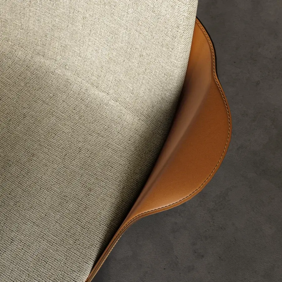 Exceptional Dallagnese Hull chair with light beige woven textile, warm brown leather shell crafted with visible stitching and matte finishes