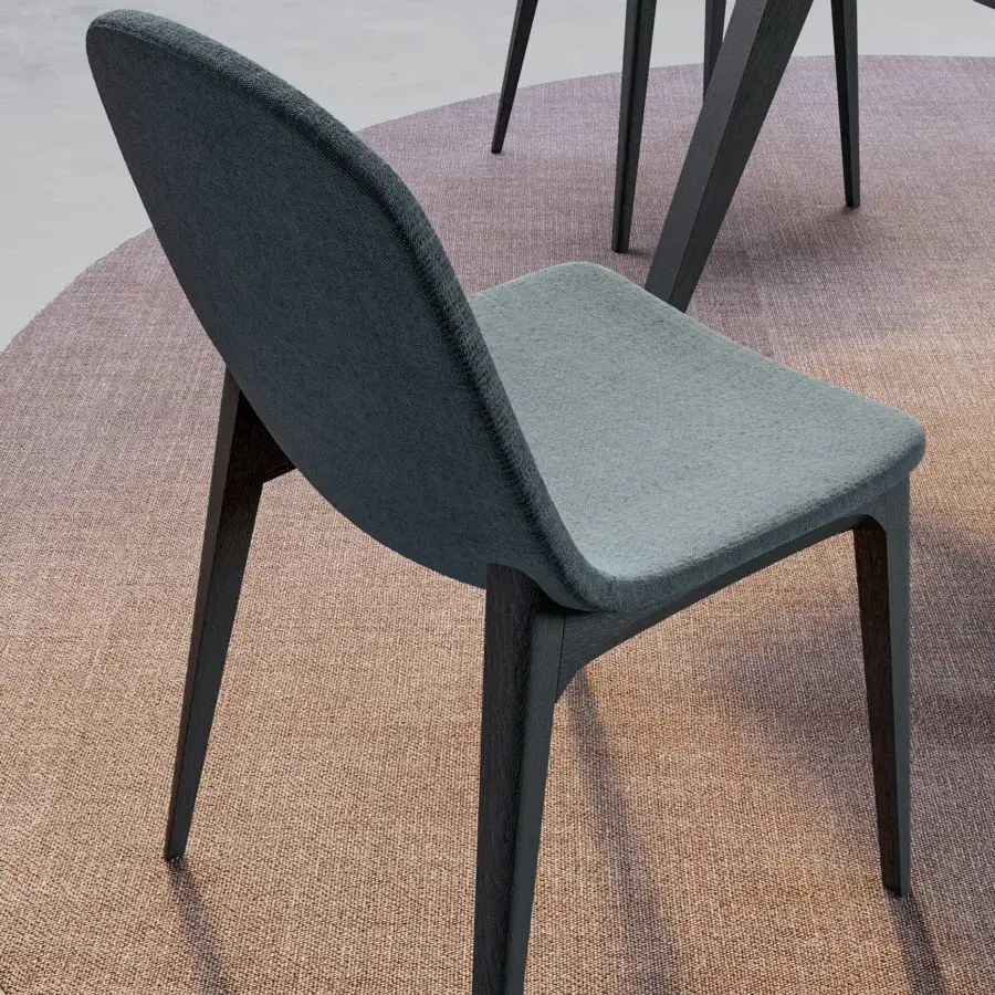 Distinguished Dallagnese Hull chair with muted grayish-blue-green textile upholstery and dark matte solid wood frame