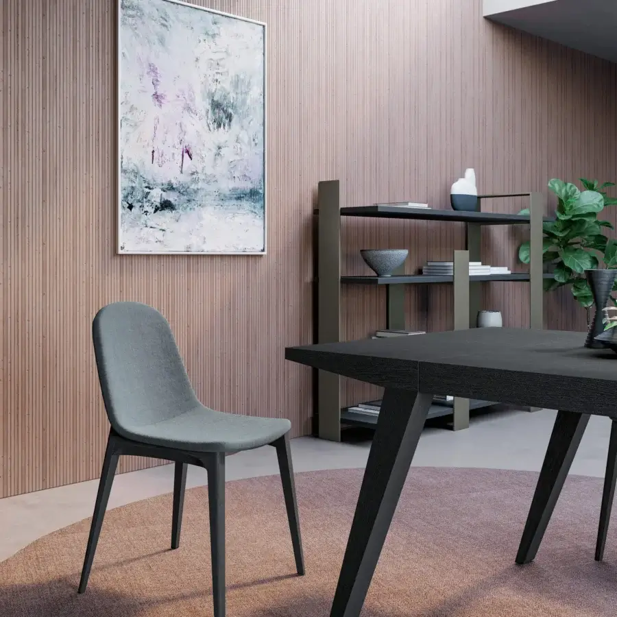 Refined Dallagnese Hull chair with muted gray textile upholstery and a smooth dark gray matte wooden frame
