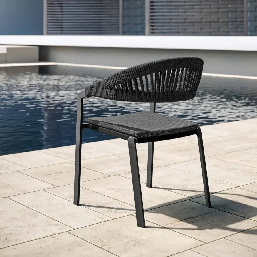 Exceptional MY YOUR Italian Outdoor Experience armchair with dark rope woven into a powder-coated aluminium frame