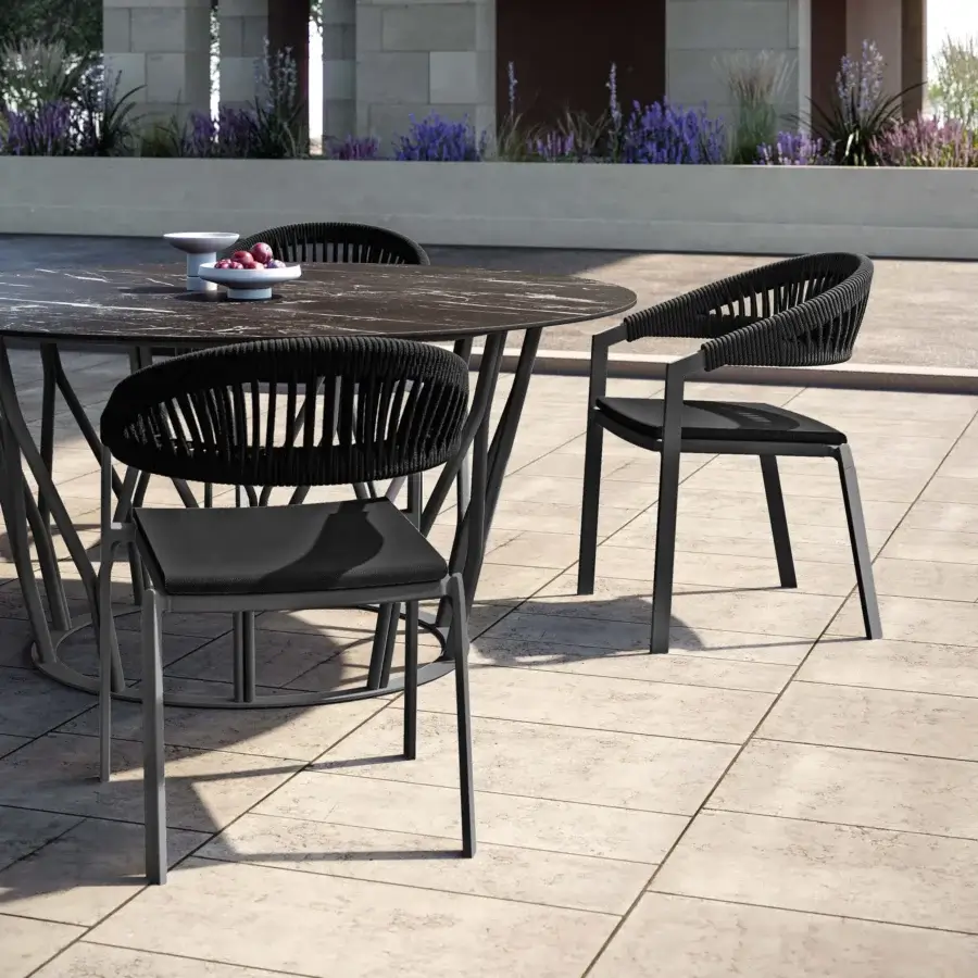 Distinctive MY YOUR Italian Outdoor Experience armchair with woven black textile and matte dark gray powder-coated aluminum frame