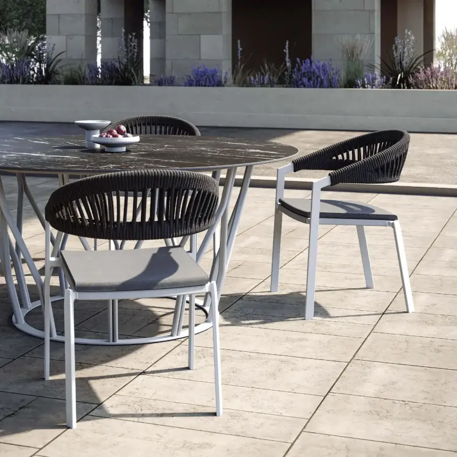 Superior MY YOUR Italian Outdoor Experience armchair crafted with dark charcoal rope and a white powder-coated aluminum frame