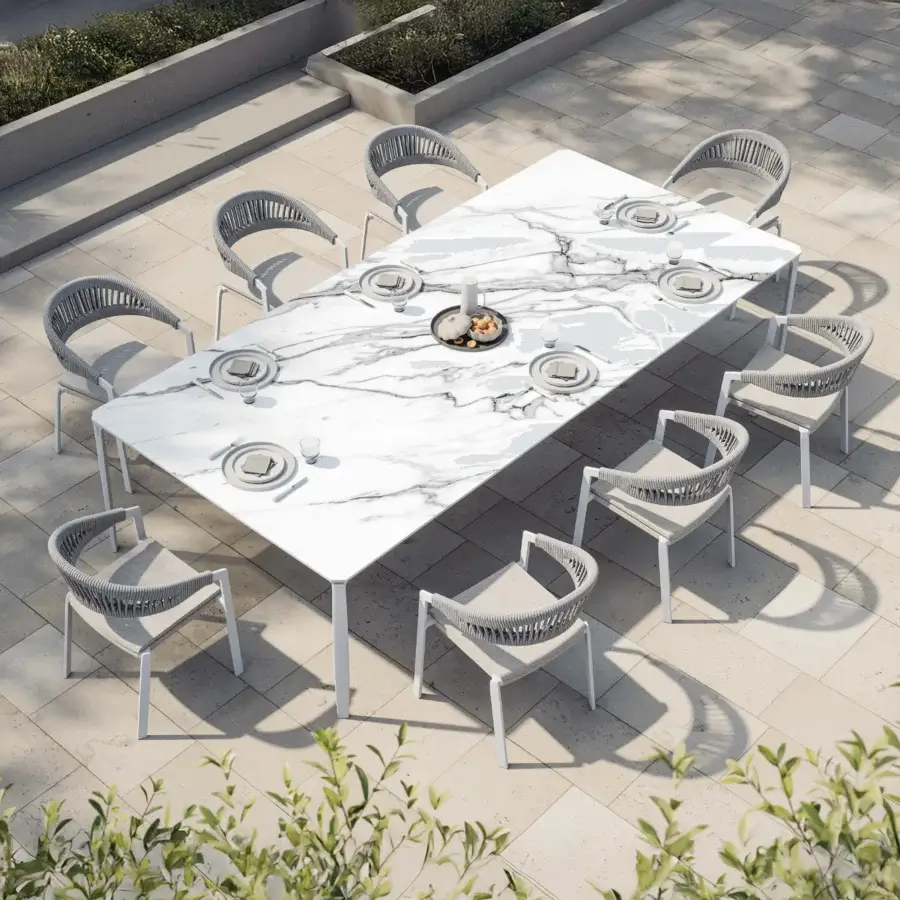 Distinctive MY YOUR Italian Outdoor Experience armchair crafted with muted gray woven rope and powder-coated aluminum frame